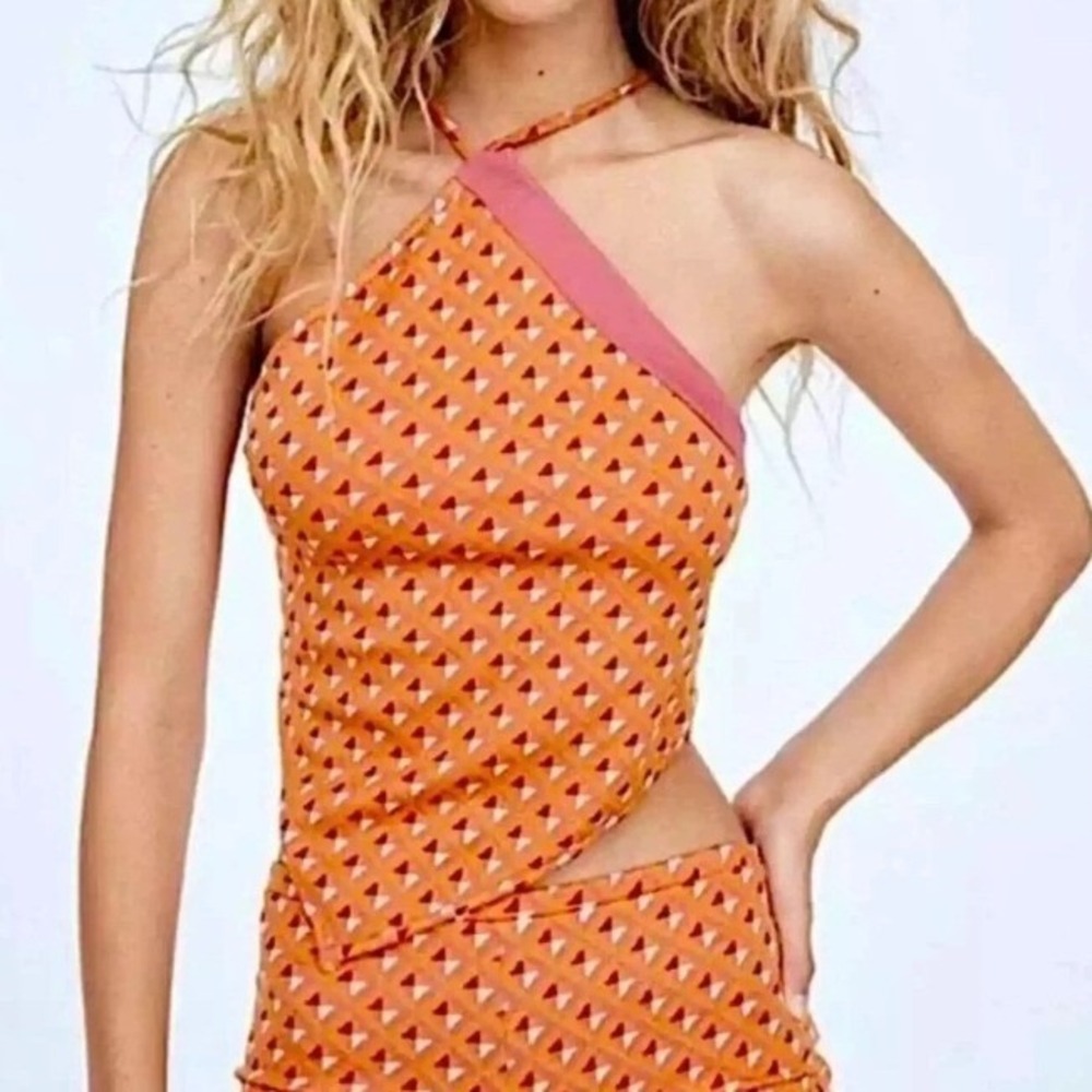 Zara Geometric Diamond Print Halter Handkerchief Top Womens S Orange Pink Summer